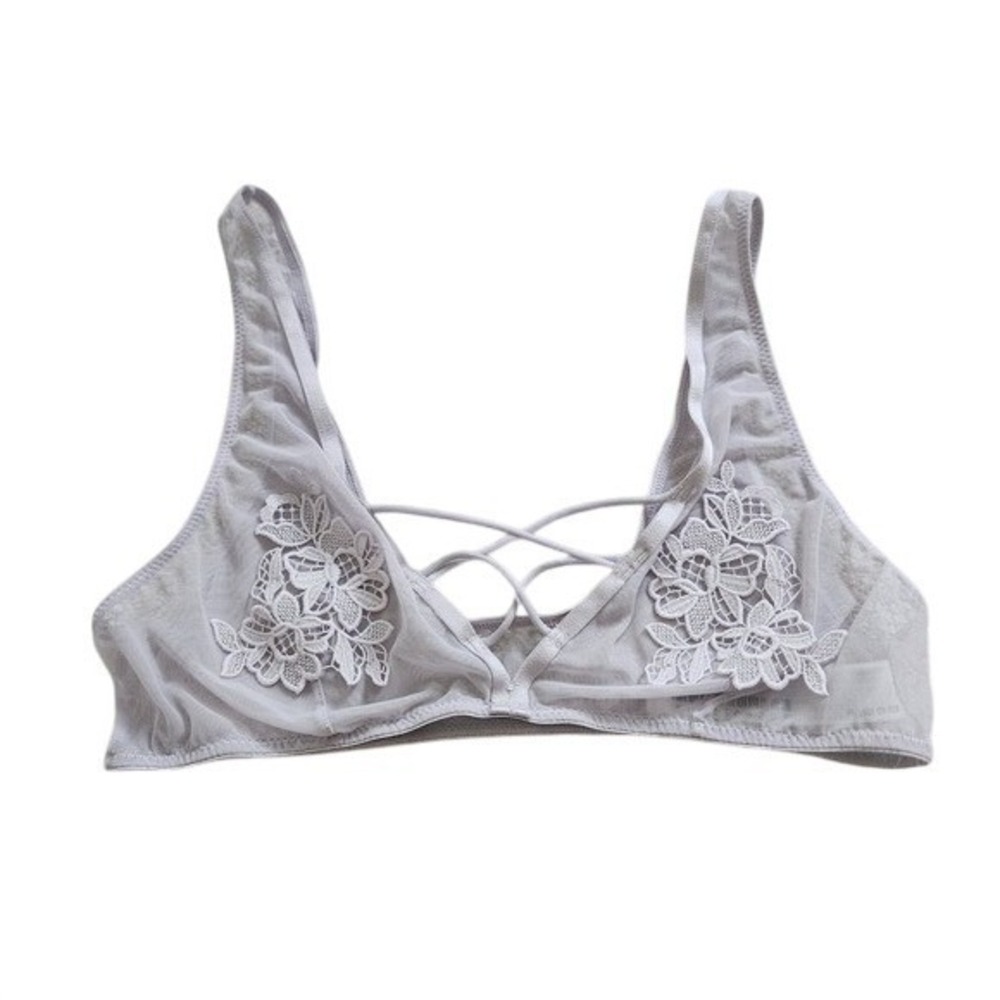 Y2K Sheer Lace Unlined Bralette Lilac Purple Crisscross Front Size S/M